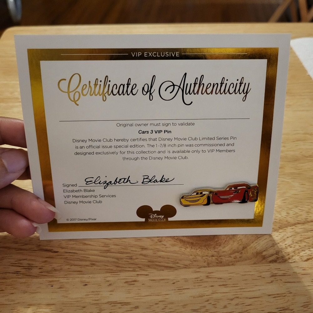 Cars 3 VIP Pin & Certificate of Authenticity